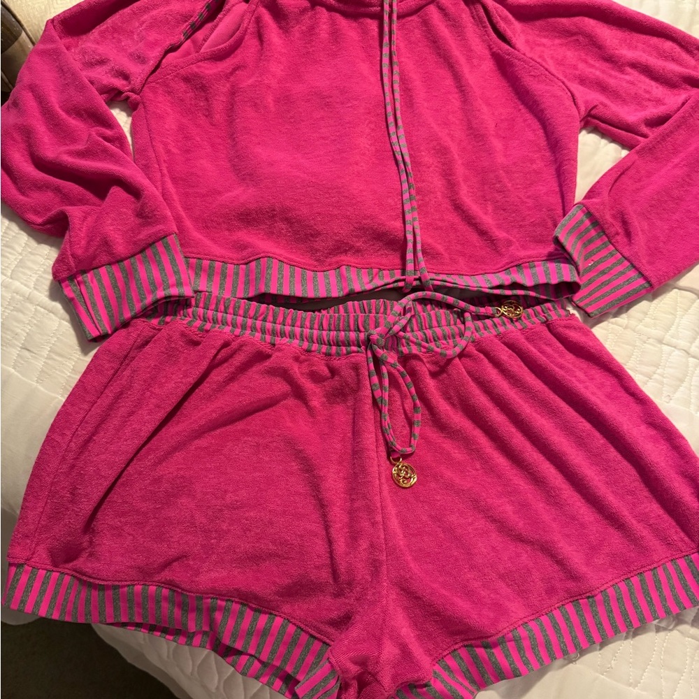 Pink Terry Cloth Hoodie and Shorts Set